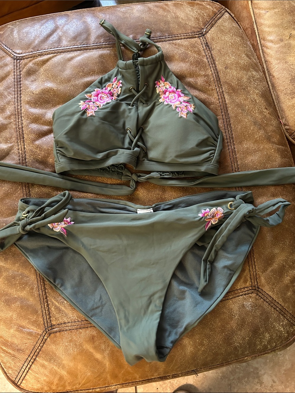 Time and Tru Olive Green High Neck Lace-Up Bikini with Pink Floral Embroidery